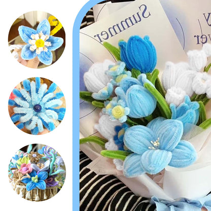 500 Pcs Pipe Cleaners Craft，Pipe Cleaner Bulk Flower Kit，6 Colors Chenille Stems Flower Kit for DIY Handmade Whit Ribbons，Stems,Tape，Stamens, Glue Sticks，Gift for Art Project Activity (Blue)