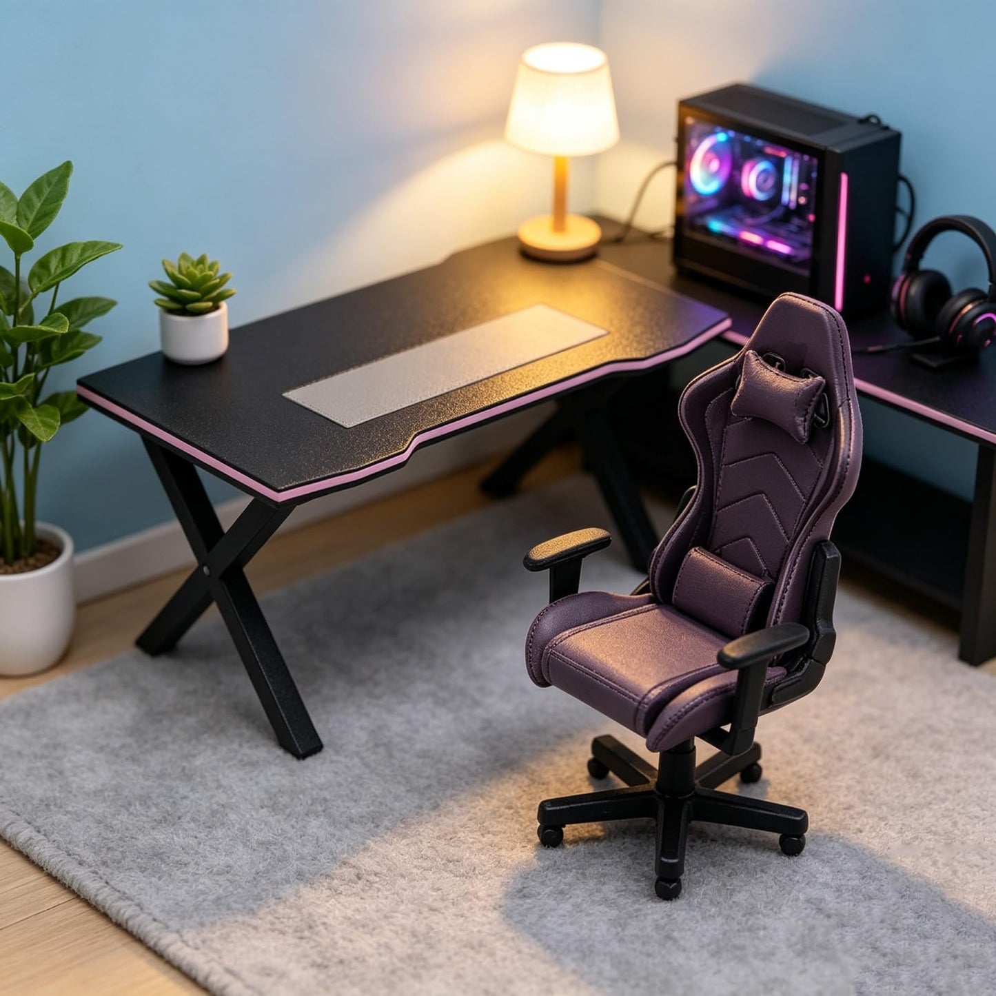 LUOZZY 2 Pcs 1:12 Scale Miniature Dollhouse Gaming Desk and Chair Furniture Model for Scene Decorations