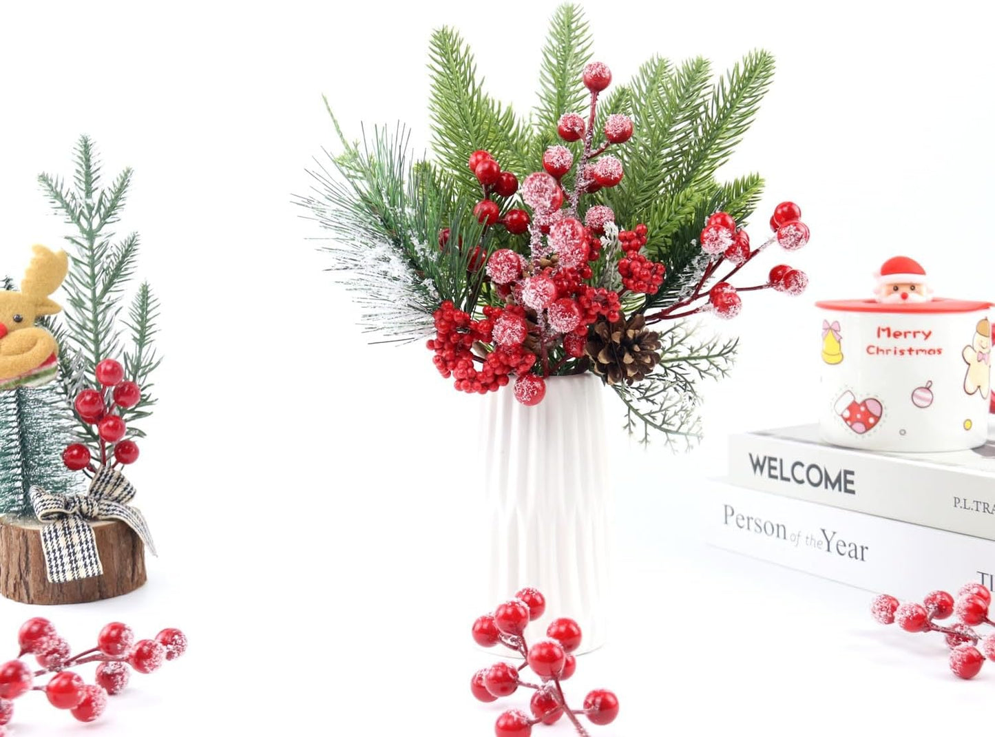 Feitore 30 Pack 8.9" Snow Frosted Red Berry Stems Holly Frosted Berry Picks Snowy Artificial Red Berries for Christmas