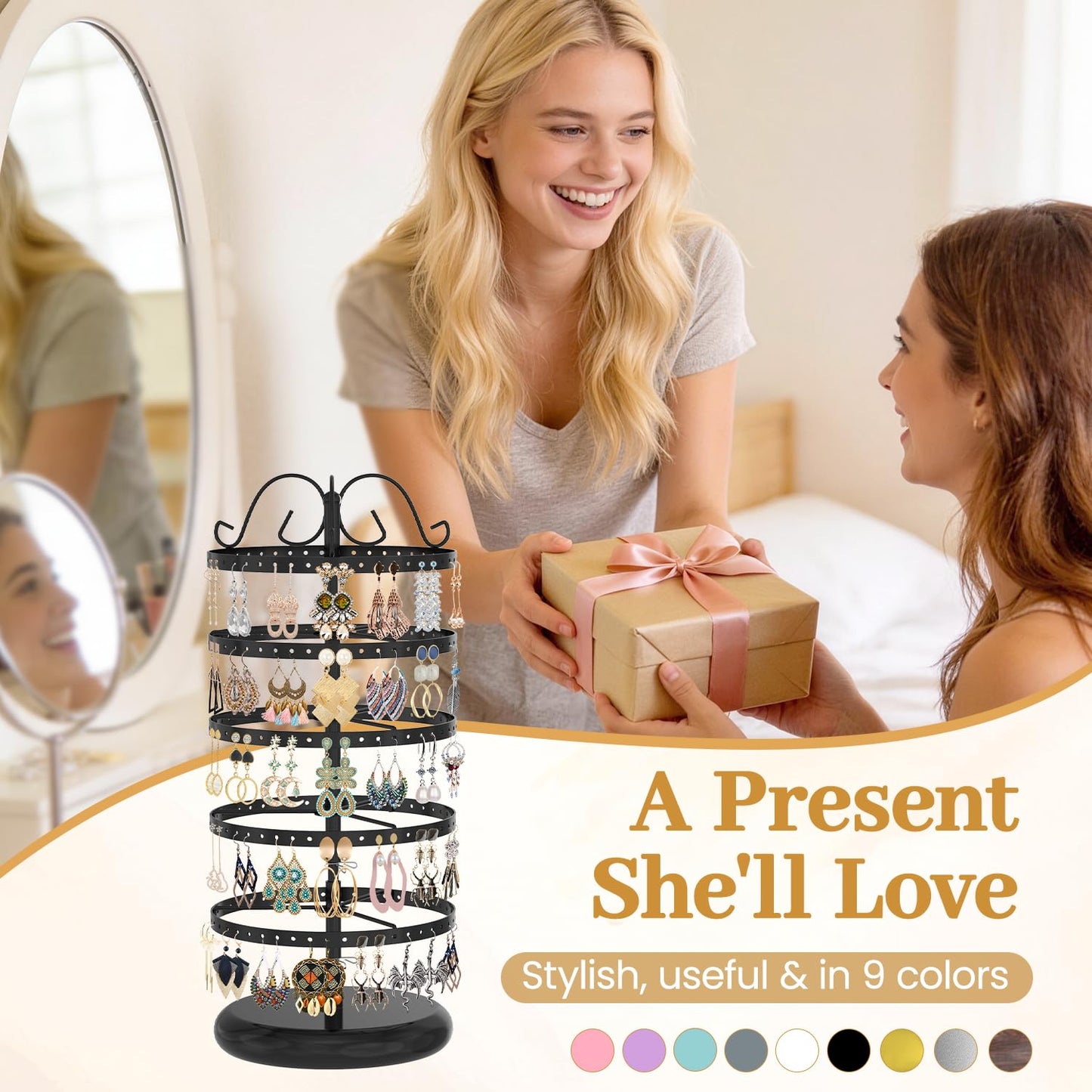 MODOWEY Rotating Earring Holder Organizer Stand, 5 Tier Metal Tree Display for Women Vendors, 220 Holes Adjustable Jewelry rack for Stud Hoop Dangle Storage, Trendy Carousel Keeps Dresser Neat, Black