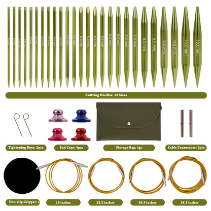 Interchangeable Circular Knitting Needles Set Includes 13 Pairs of Premium Aluminum Needles and Knitting Tools Box for Knitting Projects Use