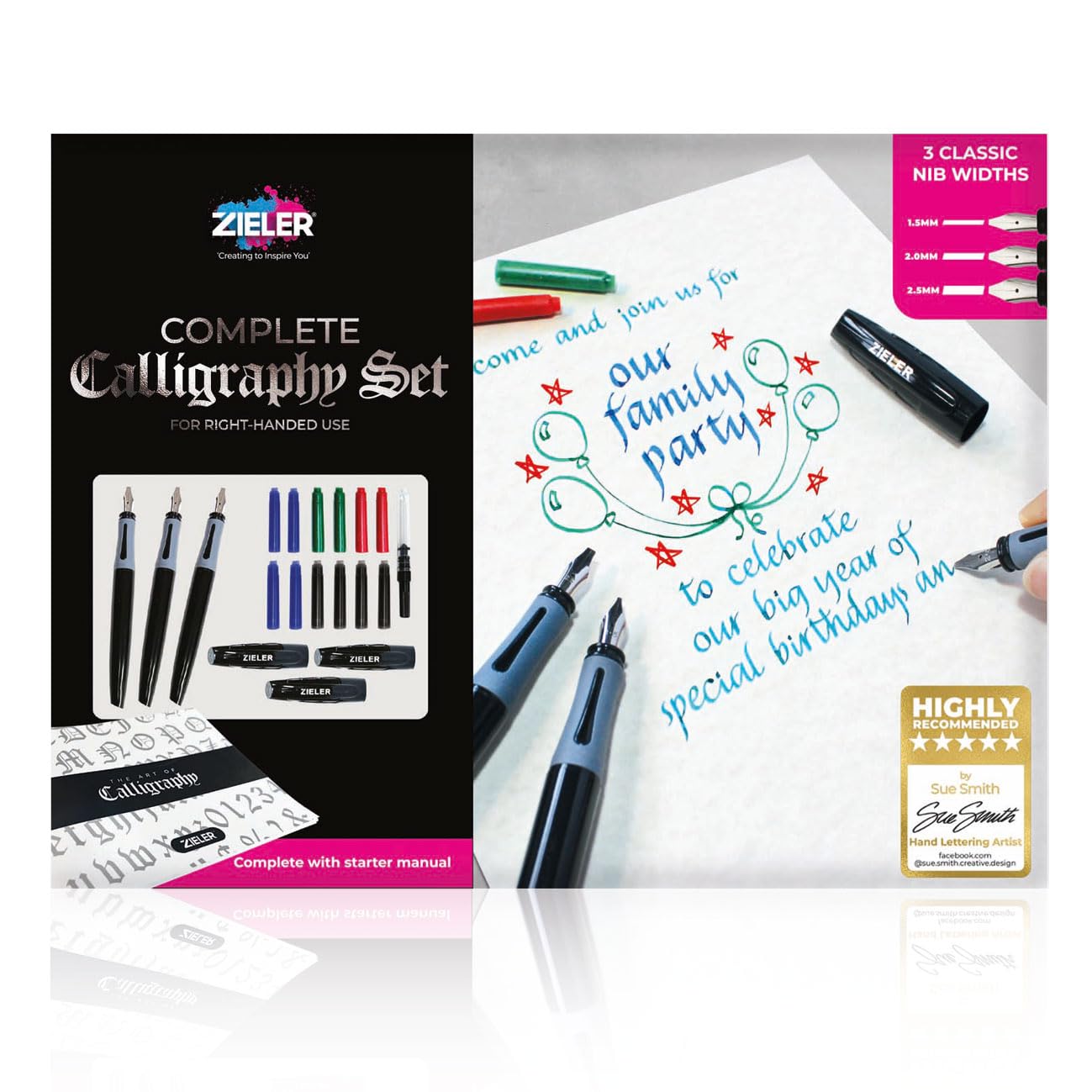 Zieler Calligraphy Pen Set - Complete 3 Pen 17-piece Calligraphy Writing Set - Free-Flowing Pens with Soft Rubber Finger Grip - Suitable for All Levels