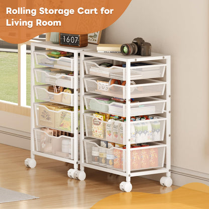 Sbanmao Rolling Storage Cart with 5 Drawers, Metal Utility Cart with Lockable Wheels, Craft Storage Art Cart, Rolling Drawer Cart for Living Room, Bedroom, Bathroom, Office, Home, White