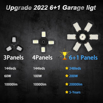 AUDLES 4 Pack Garage Lights, 200W 20000LM 6500K LED Shop Lights, Garage Light Ceiling Led with 6+1 Deformable Panels, Screw in E26 Socket Bulb for Warehouse, Workshop, Basement, Barn Lighting