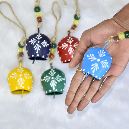 Set of 5 Painted Bells - 7cm Hanging Harmony Multicolor Metal Bells on Rope, Farmhouse Wall Décor