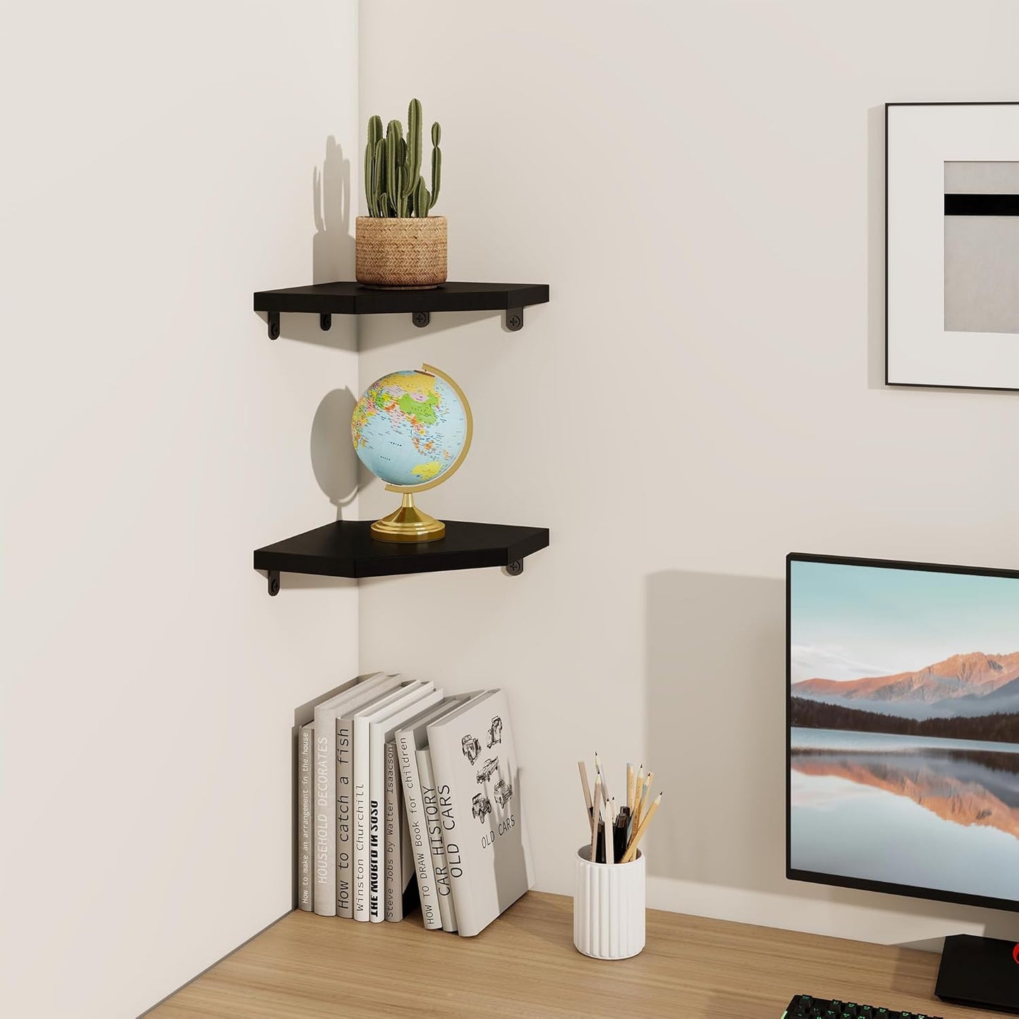 Set 2 7in Fun Memories Corner Shelf Wall Mount of - Solid Oak Wood Floating Corner Shelf with Cable Hole, Rustic Design
