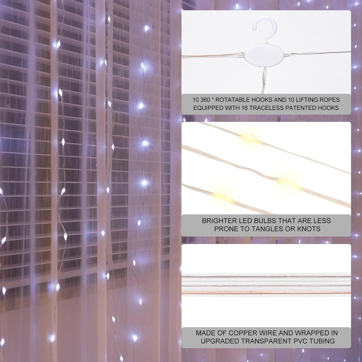 Upgrade 300LED White Curtain Light, 9.8ft x 9.8ft Copper Wire String Lights, USB Plug Hanging Window Fairy Lights