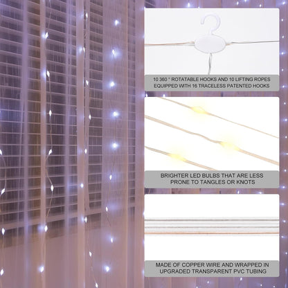Upgrade 300LED White Curtain Light, 9.8ft x 9.8ft Copper Wire String Lights, USB Plug Hanging Window Fairy Lights