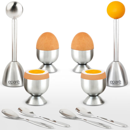 Epare Egg Cracker Topper Set & Steel Egg Cracker Topper Set - Complete Soft Boiled Egg Tool Set - Includes Egg Cups Cutter & Spoons - Holder Cup Spoon & Peeler - Easy Eggs Opener