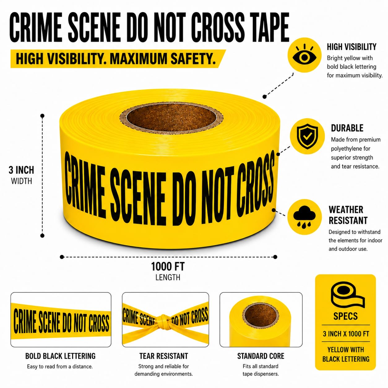 ATERET Crime Scene Do Not Cross Tape 2 Pack 3 inch x 1000 feet, Hazard Safety Tape, Construction Tape for Danger/Hazardous Area, Ideal Use for Halloween Decorations, Party, Work-Site