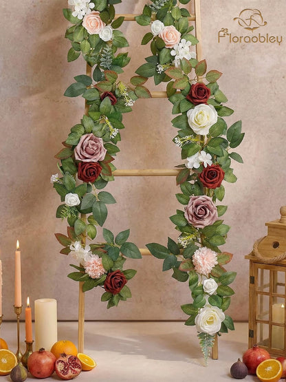 Floraobley 5.5FT Artificial Flower Garland Burgundy Rose & Greenery for Wedding Arch Backdrop Table Centerpiece Mantel Decor, with 3D Butterflies & Decorative Accessories