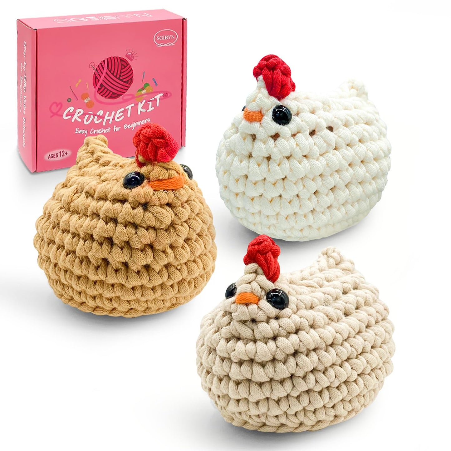 SGIBYN Crochet Kit for Beginners with Step-by-Step Video Tutorials, Starter Crochet Chickens Amigurumi Kit for Teens & Women - Easy DIY Handcraft Knitting Animal Kit - Learn to Crocheting (3 Chickens)