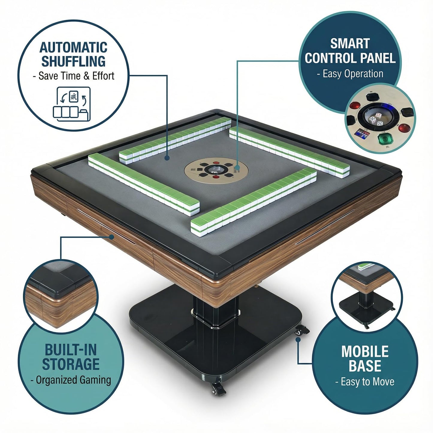 Automatic Mahjong Table, 2 Set Chinese & American Style 42mm Numbered Magnetic Tiles, Foldable - Saving Space, 4 Wheels - Easy to Move Around, 4 Storage Compartments, Low Noise, Tempered Glass Cover