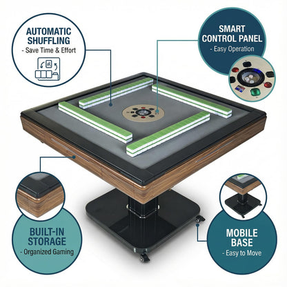 Automatic Mahjong Table, 2 Set Chinese & American Style 42mm Numbered Magnetic Tiles, Foldable - Saving Space, 4 Wheels - Easy to Move Around, 4 Storage Compartments, Low Noise, Tempered Glass Cover