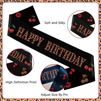 OWWOPATS Cheetah Cherry Happy Birthday Sash, Leopard Satin Sash Birthday Decorations Red and Black Party Decorations for Women and Girls