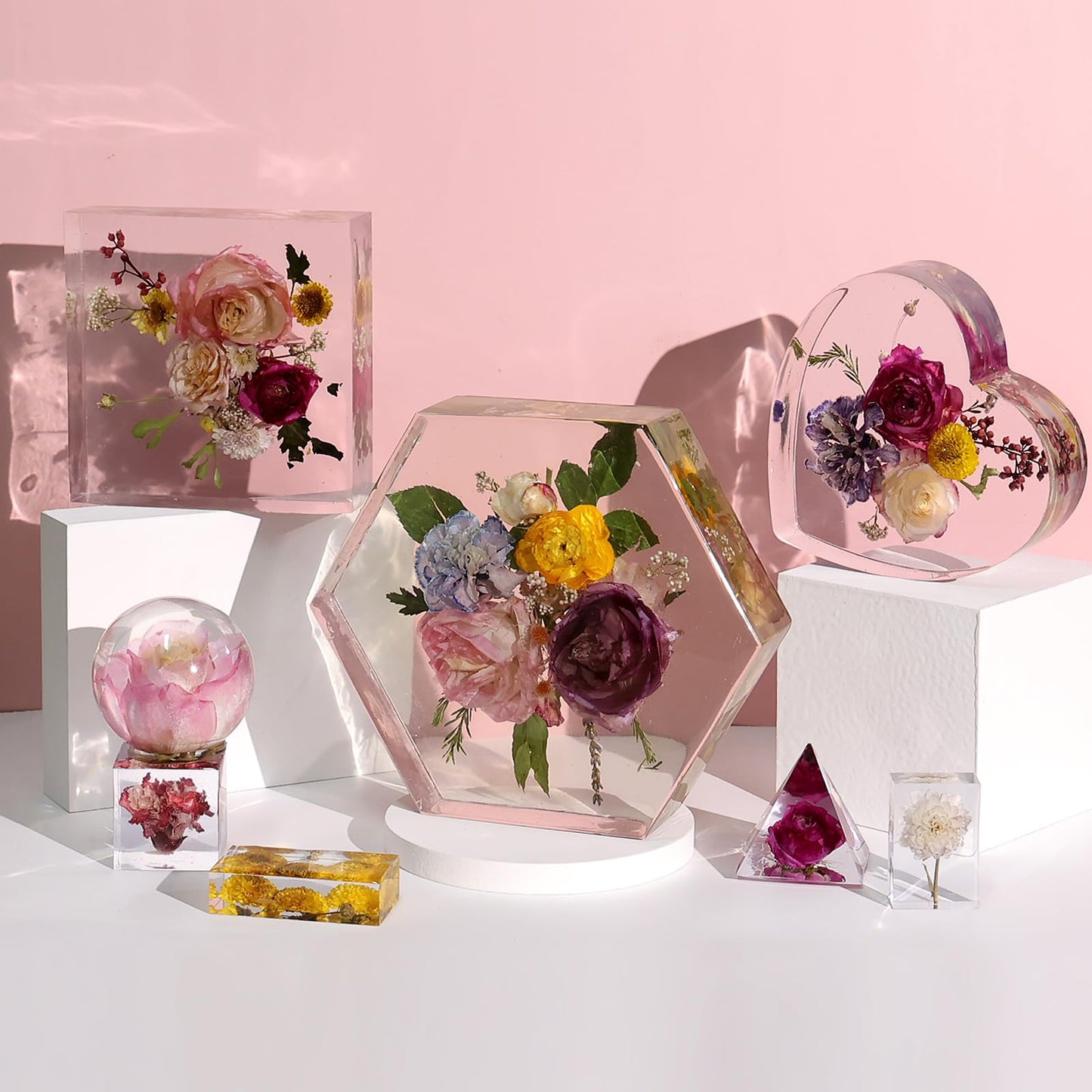 LET'S RESIN 8Pcs Resin Molds Silicone,Deep Epoxy Resin Molds for Flower Bouquet Preservation,Large Silicone Molds for Resin Casting Craft Including Square Hexagon Heart Resin Mold