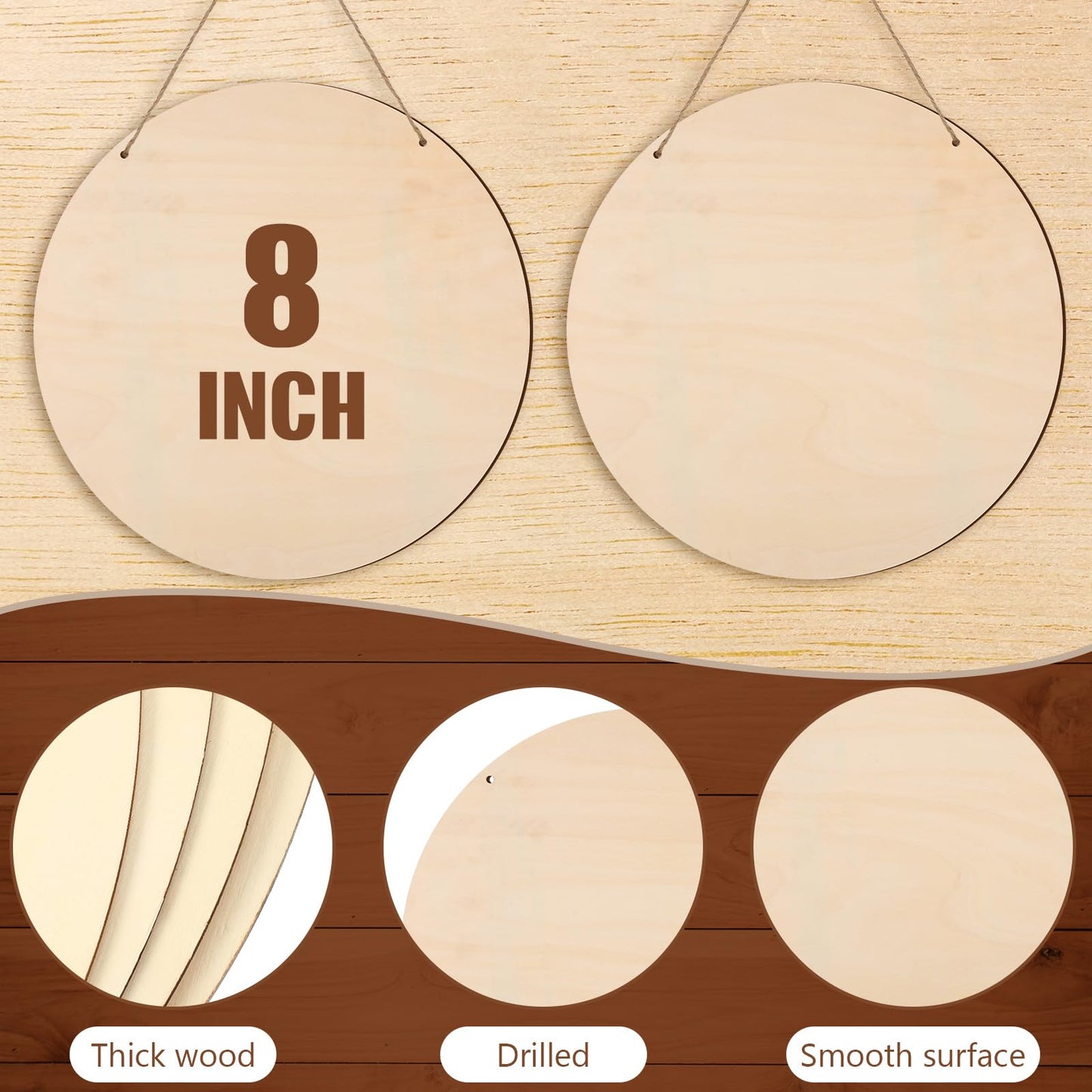 Suzile 20 Pcs Blank Wood Rounds Unfinished Wooden Crafts Signs Circles Discs for DIY Christmas Home Decor Painting Door Hanger Design(8 Inch)