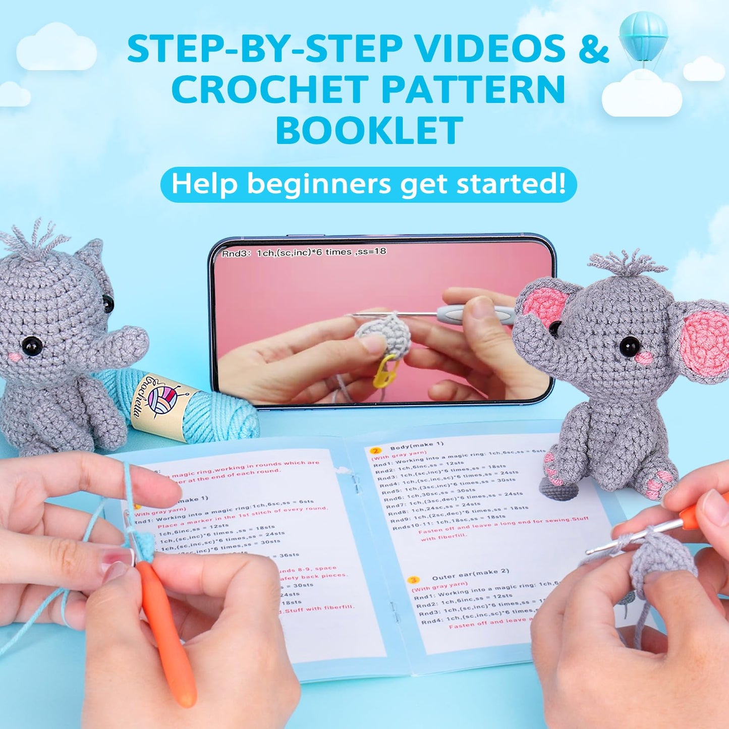 Crochet Kit for Beginner, Upgraded Easy Yarn Crochet Starter Kit w Step-by-Step Video Tutorials, Beginner Crochet Kit for Adults & Kids, Men & Women, Complete Kit Included, 3Pack Whale Family