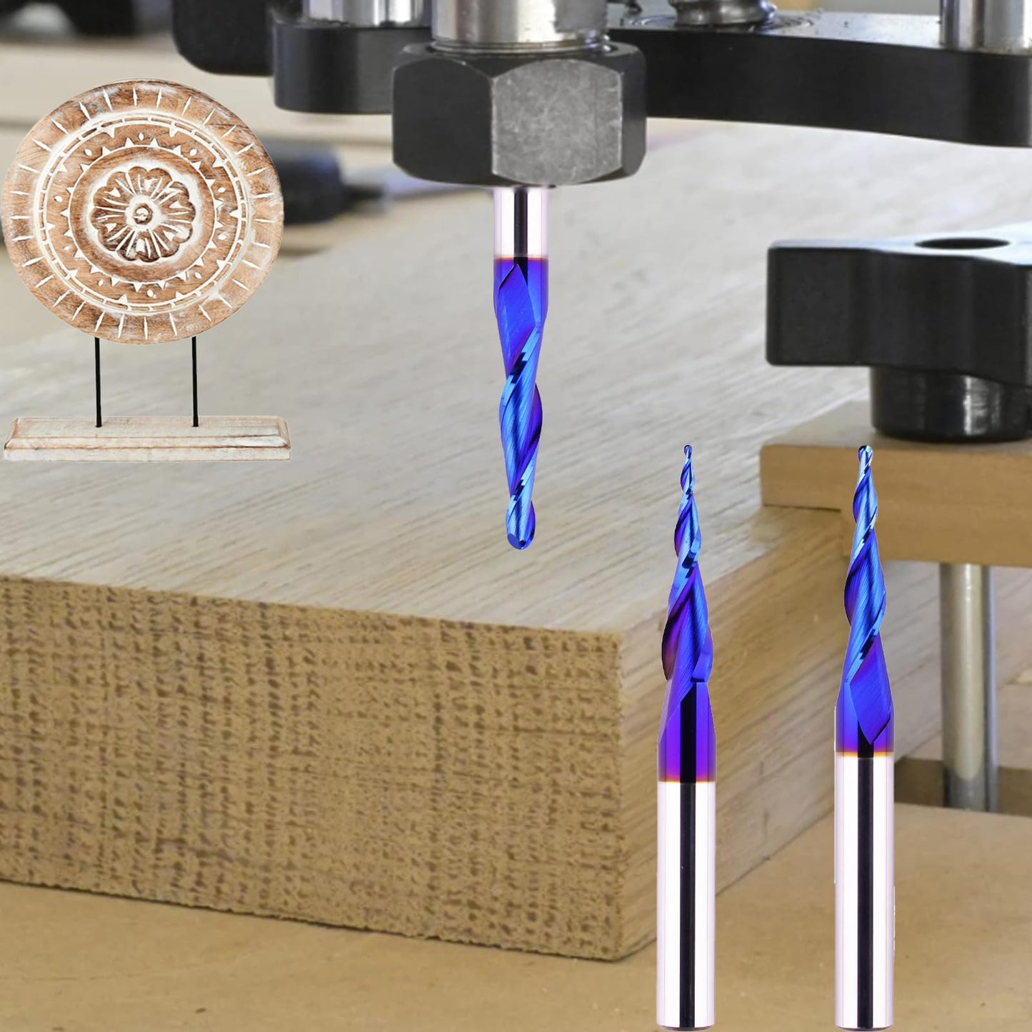 Jiiolioa 3 PCS CNC Router Bits 1/4" Shank 2D&3D Carving Tapered Angle Ball Nose Solid Carbide Spiral End Mill for Wood Carving Engraving