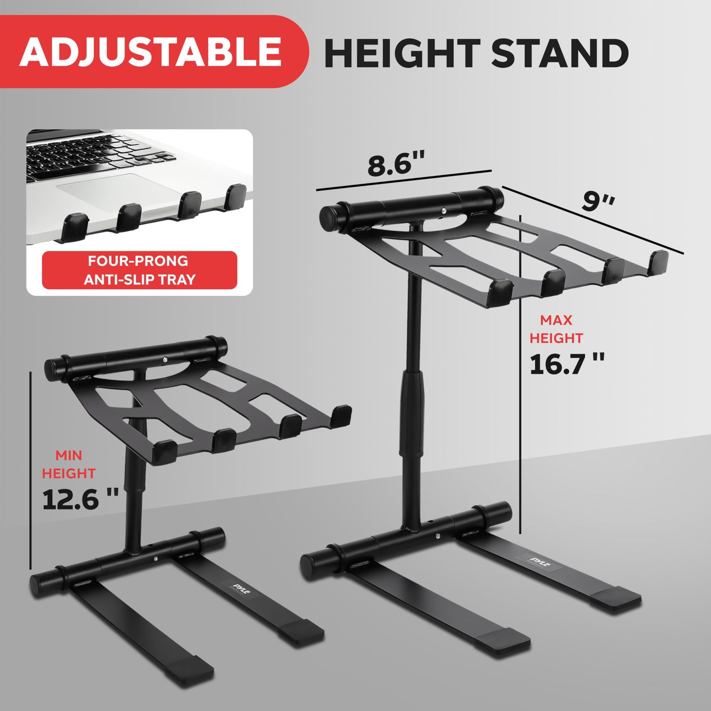 Pyle Portable Folding Laptop Stand - Standing Table with Adjustable Angle, Foldable Height and Four Prong Anti-Slip Tray for iPad, Tablet, DJ Mixer, Workstation, Gaming and Home Use - PLPTS55