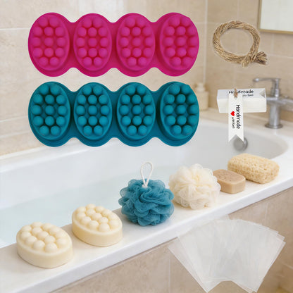 Silicone Soap Making Kit with 2 Massage Bar Molds, 48 Gift Bags, 48 Tags, 65ft Jute Twine, Hair Comb Design, Pink and Teal