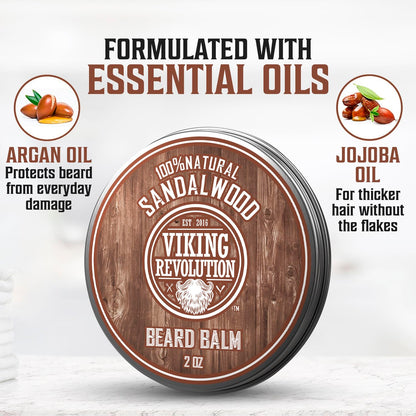 Viking Revolution Sandalwood Beard Balm for Men (2oz) and Sandalwood Beard Oil (1 fl oz) Bundle - With Argan and Jojoba Oils - Soften and Moisturize - Stocking Stuffers for Men
