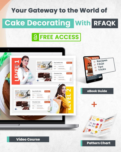 RFAQK 90PCs Cake Decorating Kit with Leveler, Baking Supplies Gift Includes Cake Stand Turntable, 24 Numbered Icing Tips, 55+1 Piping Bags, 2 Frosting Spatulas, 3 Scrappers, Video Course & Booklet