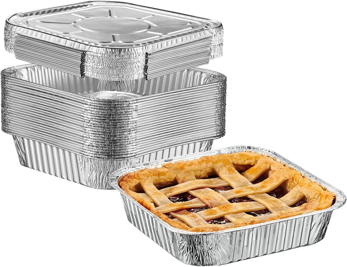 GUSTO 25 Sets 8-Inch Square Foil Pans with Lids, Disposable Containers for Baking, Cooking, Storing
