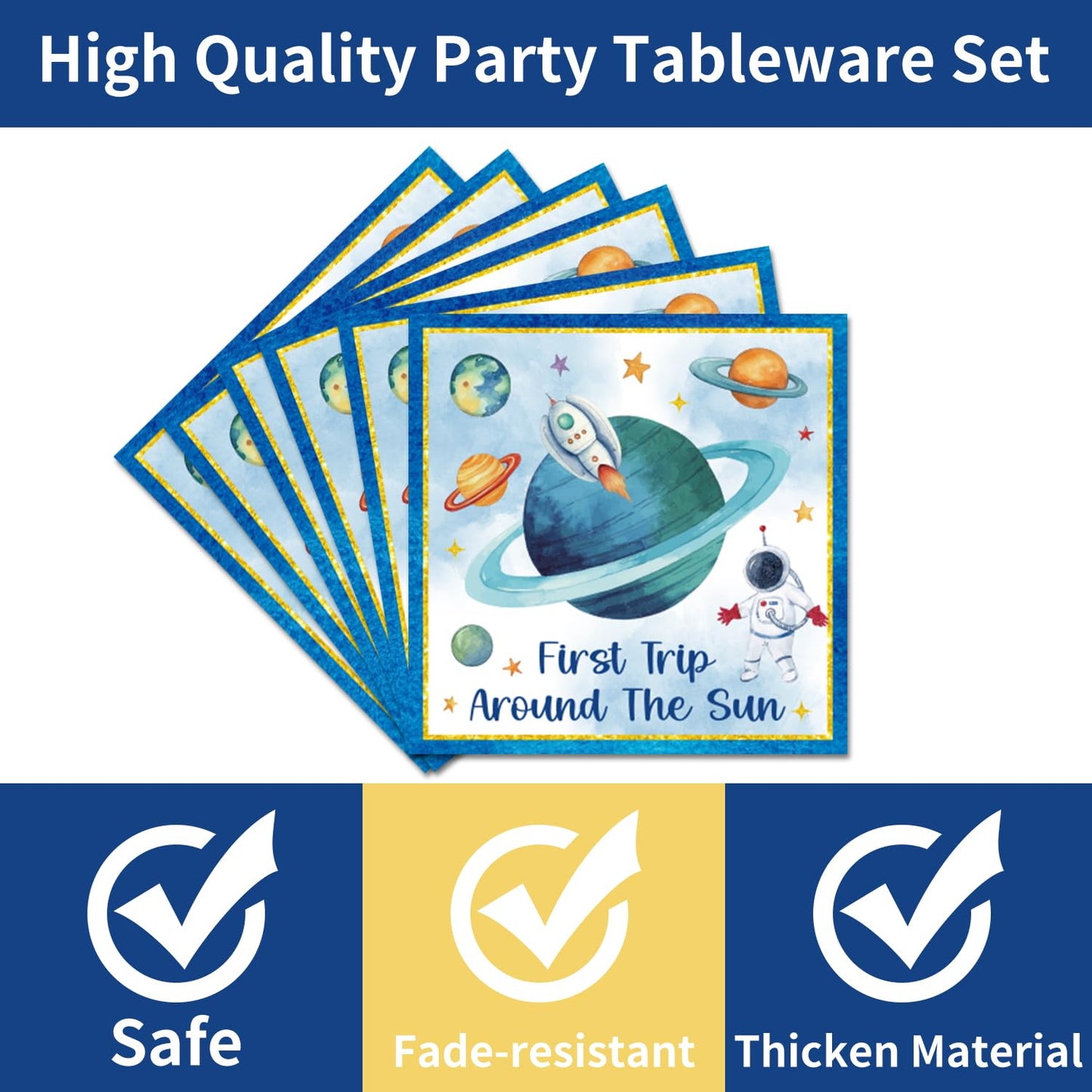 First Trip Around The Sun Decorations - 96PCS First Tirp Around The Sun Plates and Napkins Party Supplies Outer Space 1st Birthday Decorations Boy Disposable Paper Tableware Set Serves 24 Guests