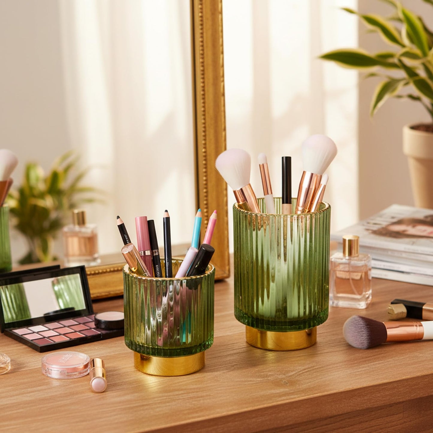 IMengjbang 2 Pack Glass Makeup Brush Holder Organizer, Crystal Glass Toothbrush Holders, Desk Pen Pencil Holder, Multifunctional Vintage Brush Cup for Desk Vanity Bathroom Bedroom
