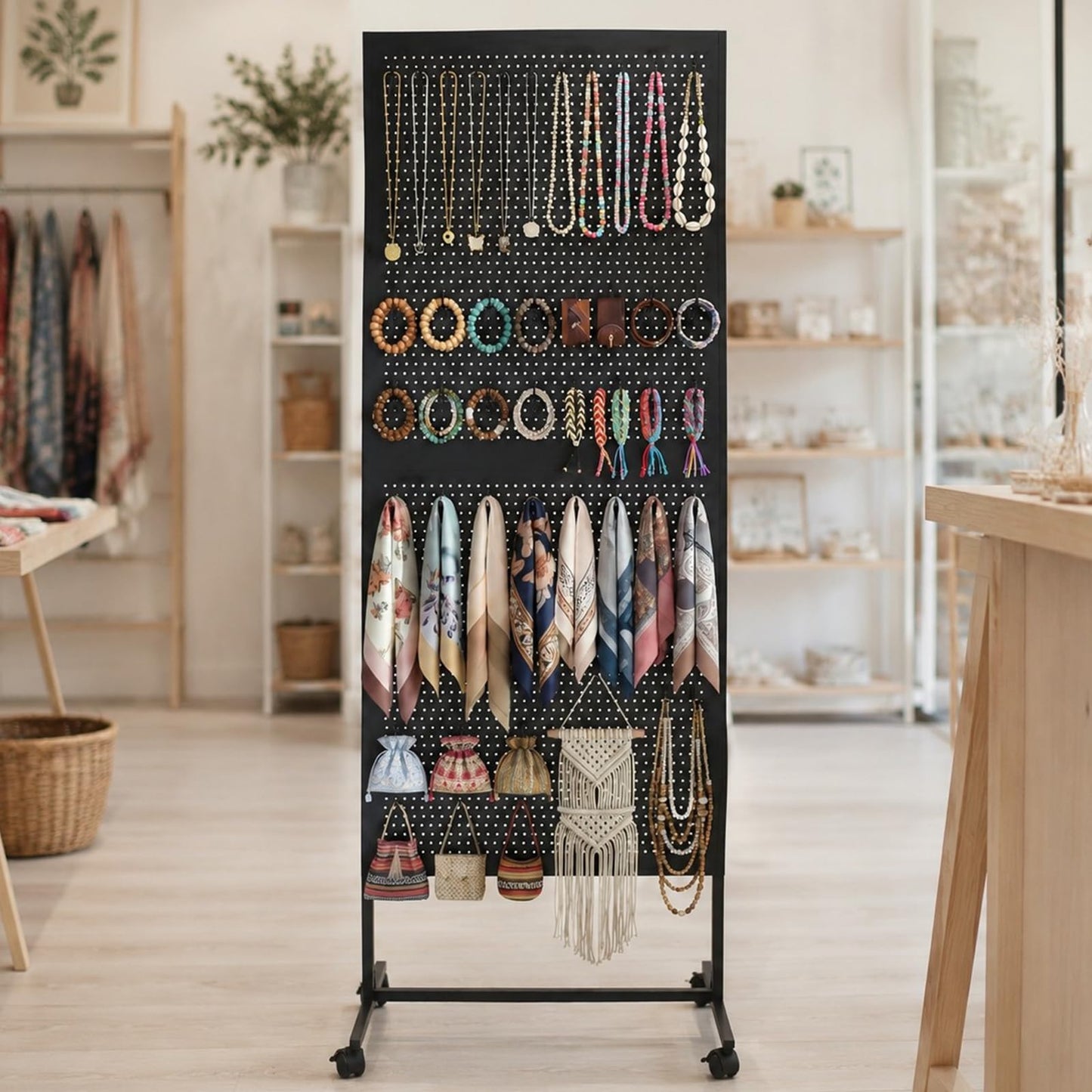 Arbuxzuy 2 x 5.5 Feet Pegboard Display Stand with 10 Hooks, Peg Board Stand with Wheels, Standing Pegboard Display, Metal Freestanding Pegboard Craft Shows Vendors Retail Jewelry Organizer (Black)