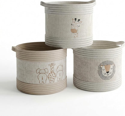 Set 3 RGI Home Decorative Storage Baskets with Safari Animal Prints of Round Fabric Rope and Linen Organizer Bins