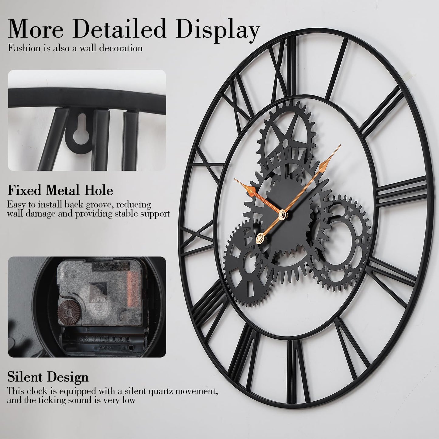 AMAATE Steampunk Wall Clock 32 Inch, Industrial Metal Gears with Roman Numerals, Retro Distressed Finish Mechanical Art for Bar, Living Room, Cafe Decor