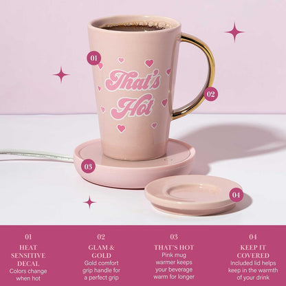 Paris Hilton Electric Mug Warmer Set, 14-Ounce Ceramic Mug with Lid, Heat Sensitive Color Changing Design