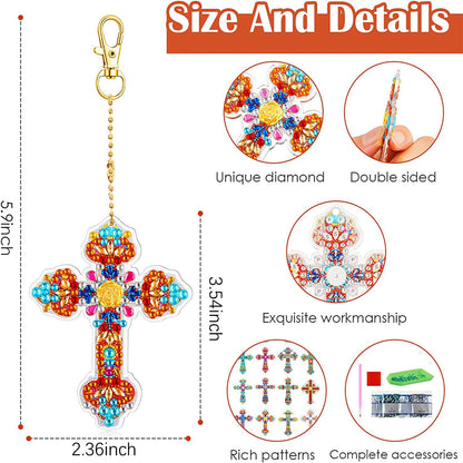 YUE ZHE 16PCS Cross Diamond Art Kits for Adults Double Sided Easter Diamond Art Keychains Cross Shaped DIY 5D Easter Diamond Painting Keychains Kits for Adults Beginners DIY Crafts