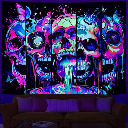Heopapin Blacklight Skull Art Tapestry UV Reactive Neon Skeleton Butterfly Tapestries Trippy Blacklight Horror Face Wall Hanging Tapestry Halloween Aesthetic Wall Decor Tapestries for Home W78×H59