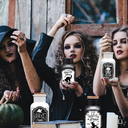 Sarybei Halloween Decorations for Home - Set of 4 Apothecary Potion Bottles with stickers - Scary Witch Poison Ghosts Black Cat Farmhouse Tiered Tray Decor For Home Table Party Supplies