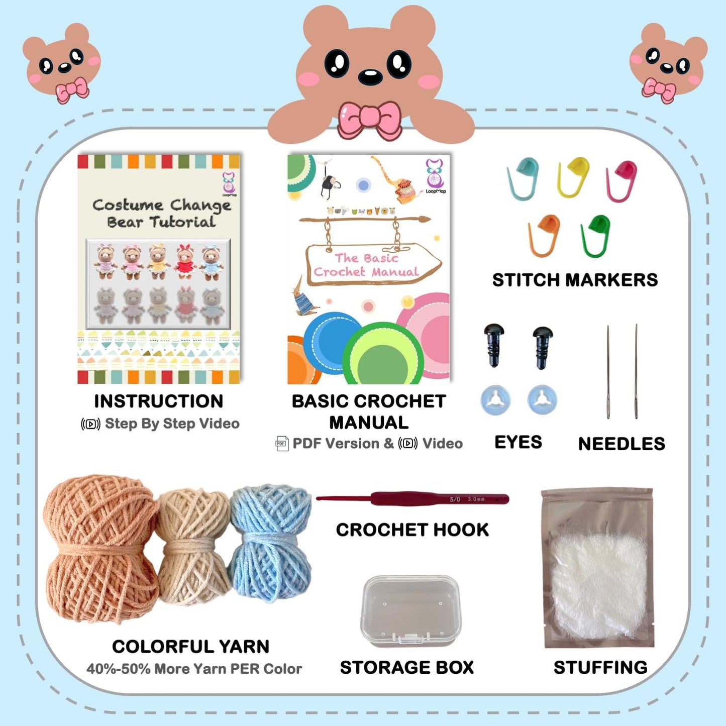LoopMap Amigurumi Crochet Kit for Beginners with Removable Dress & Video Tutorials, DIY Bear Making Kit Includes Premium Yarn & Tools, Creative Gift for Adults Teens (Blue)