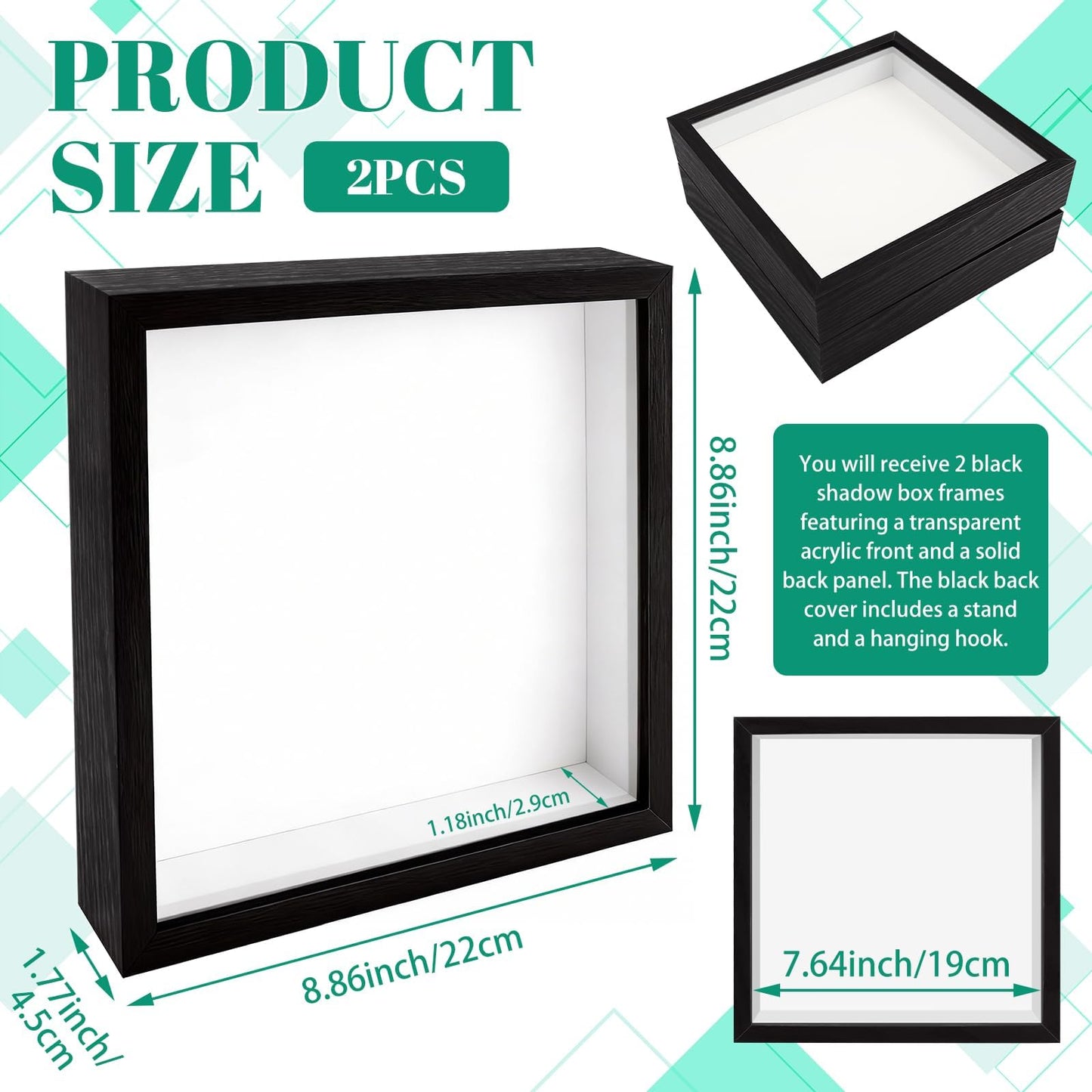 VOKOY 2 Pack 8" x 8" Shadow Box Frame, Wooden Black Hollow Photo Frame with Clear Acrylic Front Memory Display Cases Picture Frames Bulk for Photos Awards Medals Dried Flowers Seashell Memorabilia