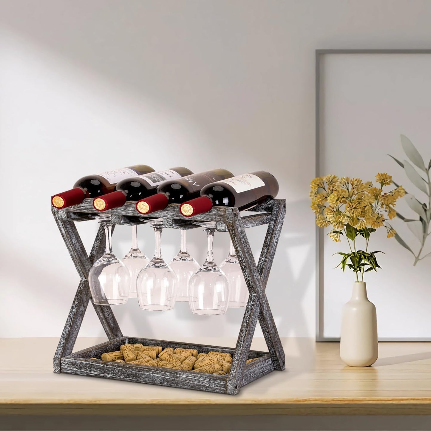 WDSHIYI 4 6 Countertop Rustic Wood Wine Rack for Bottles and Stemware Glass Holder- Wine Racks with Glass Holder, Home