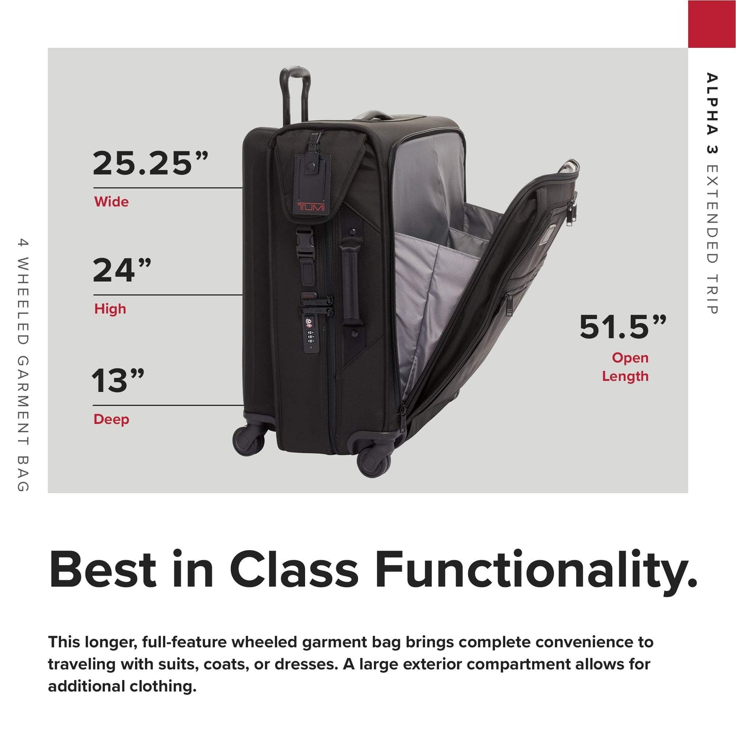TUMI - Alpha Extended Trip 4 Wheeled Garment Bag - 4-Wheeled Clothing Bag for Hanging Suits, Dresses & Coats - With TSA Lock - Black