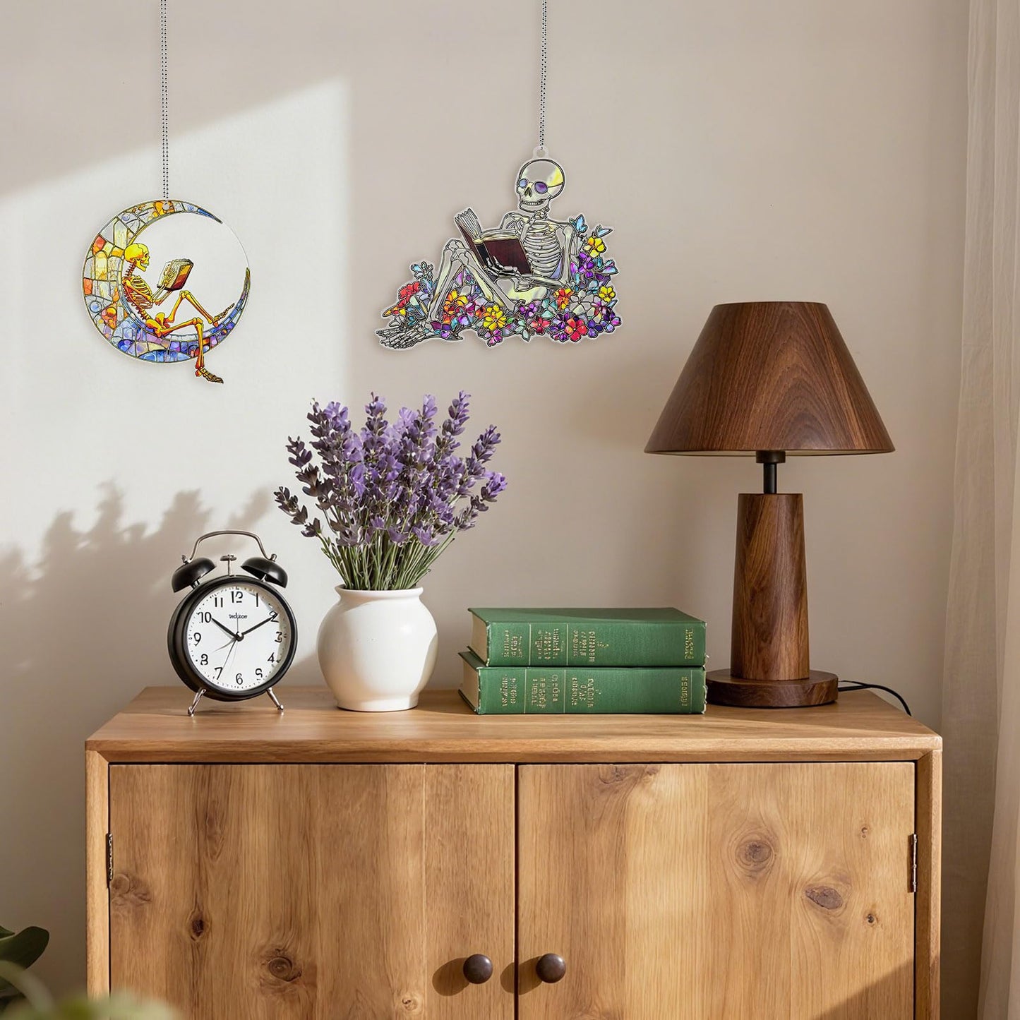Skeleton Reading Ornament Acrylic Suncatcher Window Hanging Wall Decor for Indoor Outdoor Doors Home