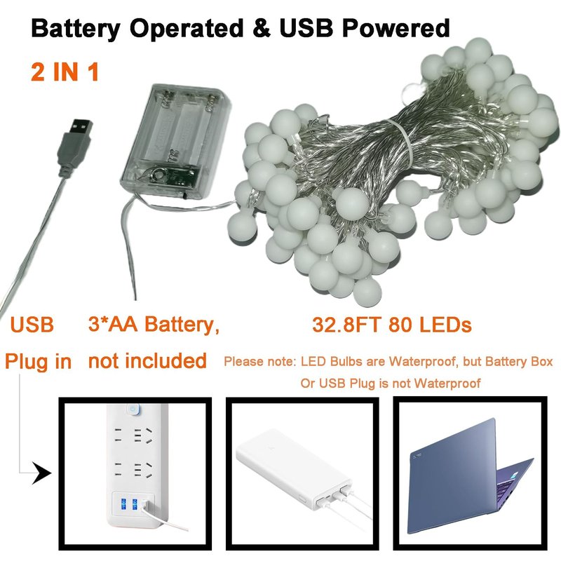 LOFTOLMEA Battery Operated & USB Powered 2 in 1 Globe String Lights, 32.8 FT 80 LEDs Fairy String Lights for Christmas Wedding Party Bedroom Indoor Outdoor, Warm White,10M80
