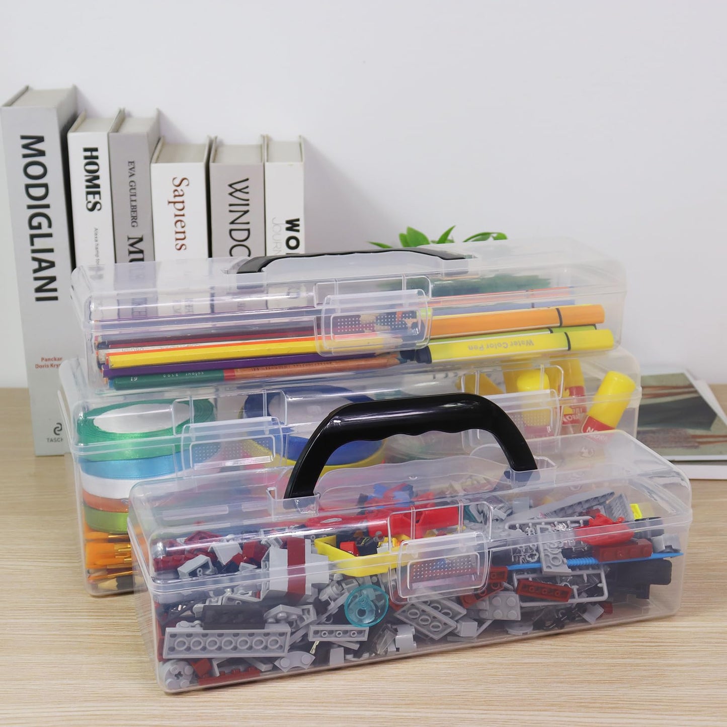 Flythww Plastic Storage Container with Lid, Clear Craft Tool Art Supply Sewing Organizer Box with Handle, Storage Bin for Paint Brush, Cards, Pencils, Crayon, Toys, Ribbons (L 13.98 x 4.21 x 4.72 in)