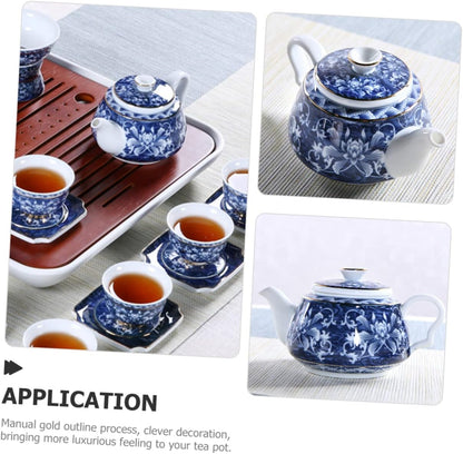 Uonlytech Ceramic Teapot, Blue and White Porcelain Travel Tea Kettle, Retro Portable Teapot with Handle