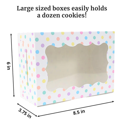 Perfect Occasion Polka Dot Cookie Boxes - 12 Pack - Pastel Polka Dot Cookie Boxes with Window - for Easter, Birthdays, Cupcakes, Pastries - Large Size Easily Fits a Dozen Cookies - 12 pcs