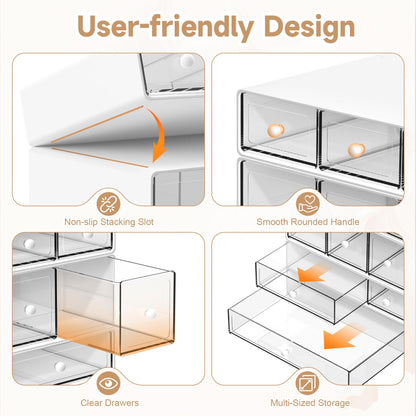 AZ. MIFENO Desk Organizer with 9 Drawers, 4 Tiers Stackable Storage Drawers, Desktop Storage Box with Clear Drawers for Stationery, Makeup, Jewelry, Office and Craft Supplies (White)