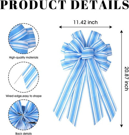 Blue White Striped Wreath Bow - Large 20x11 Inch Premade Baby Shower Decor | Summer Coastal Home Accent