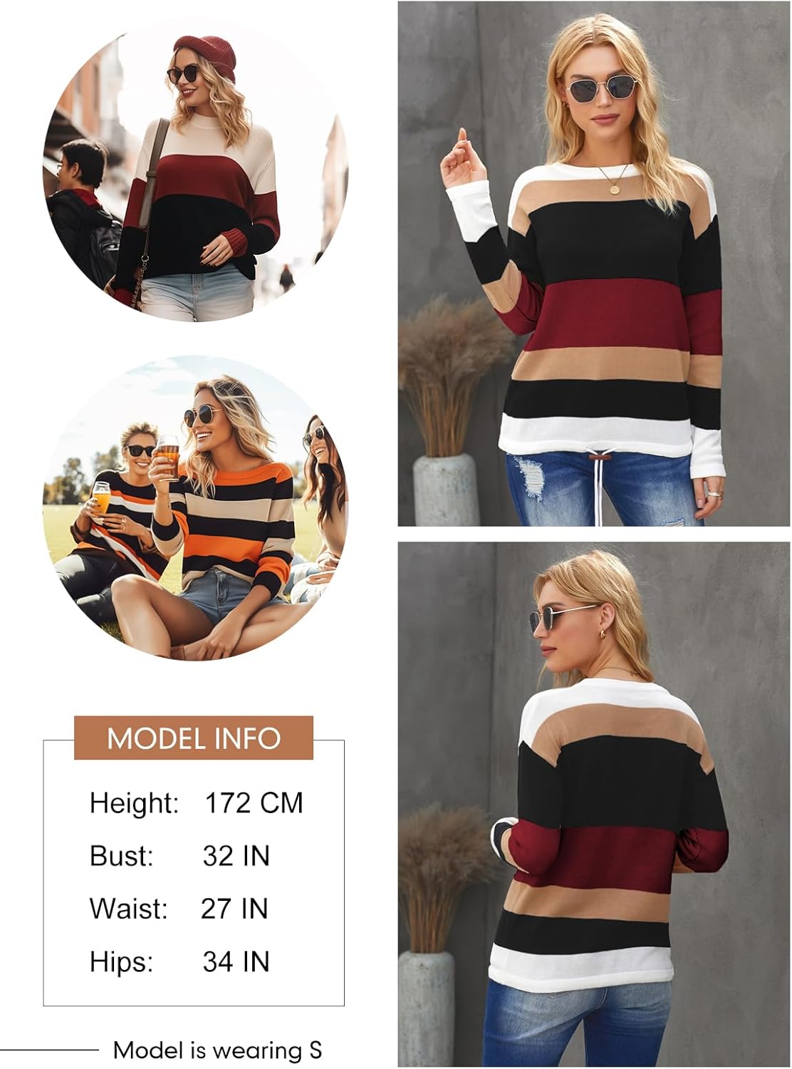 Dokotoo Womens Sweaters Striped Fall Winter Outfits 2025 Crewneck Drawstring Color Block Fashion Clothing