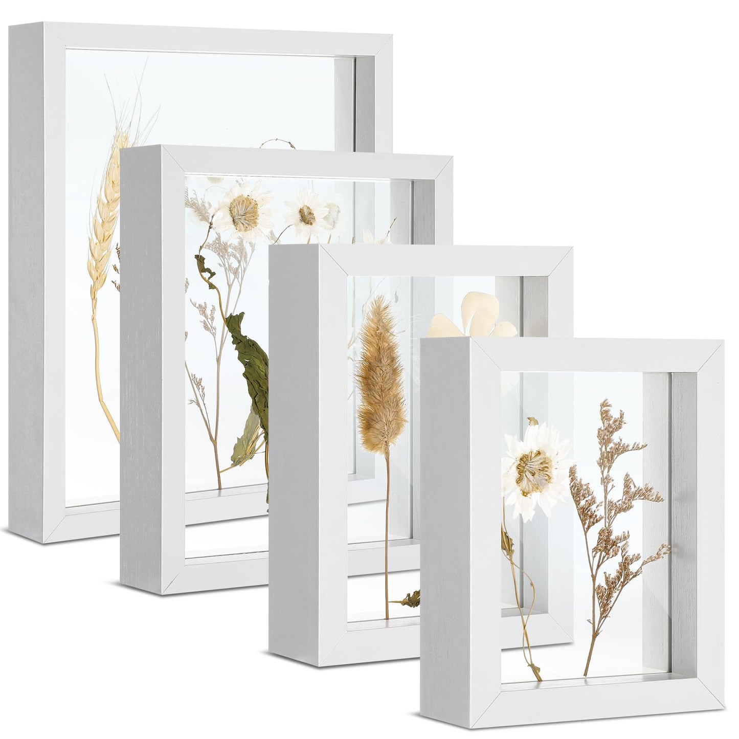 Fiwochic 4 Pack Pressed Flower Floating Picture Frames, 10, 8, 6, 5 Inch White Wooden Double Glass Pressed Flower Frames Wall Tabletop Display for Dried Flowers, Photos, Art, Birthday, Wedding Gift